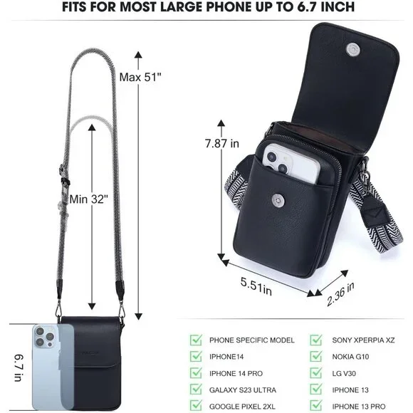 Womens A-black Leather Purses Imported Magnetic Snap Crossbody Zipper Bag - Picture 5 of 6